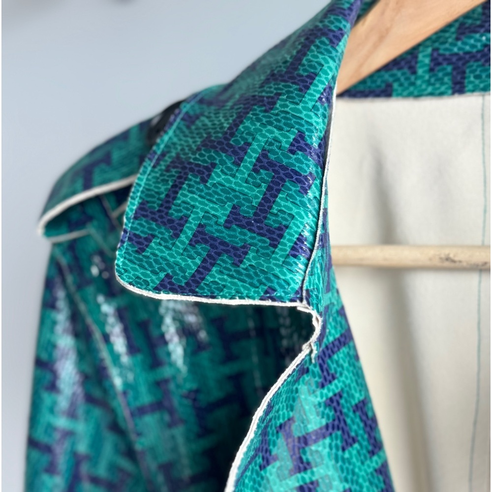 Teal Houndstooth Long Trench Coat - Women's - Picture 2 of 4